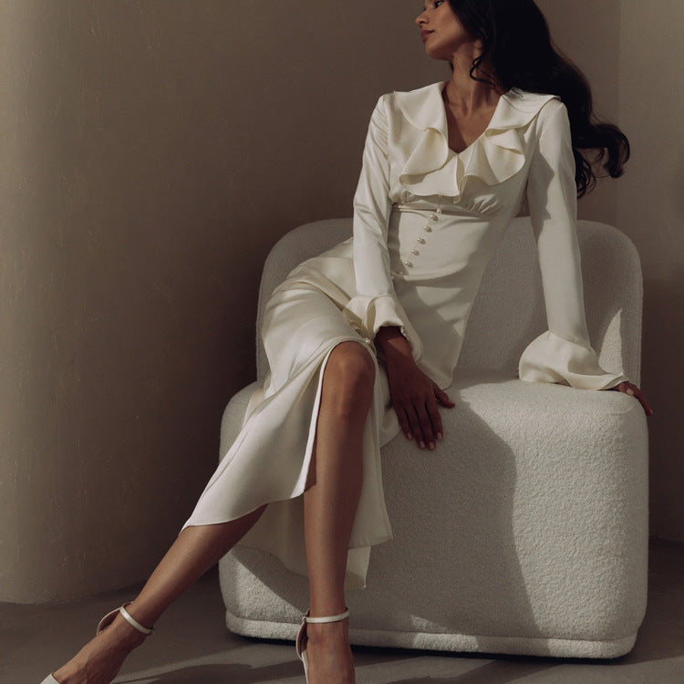 Elegant Intellectual Flounce Stitching Pearl Modified Flared Sleeve Tight Dress