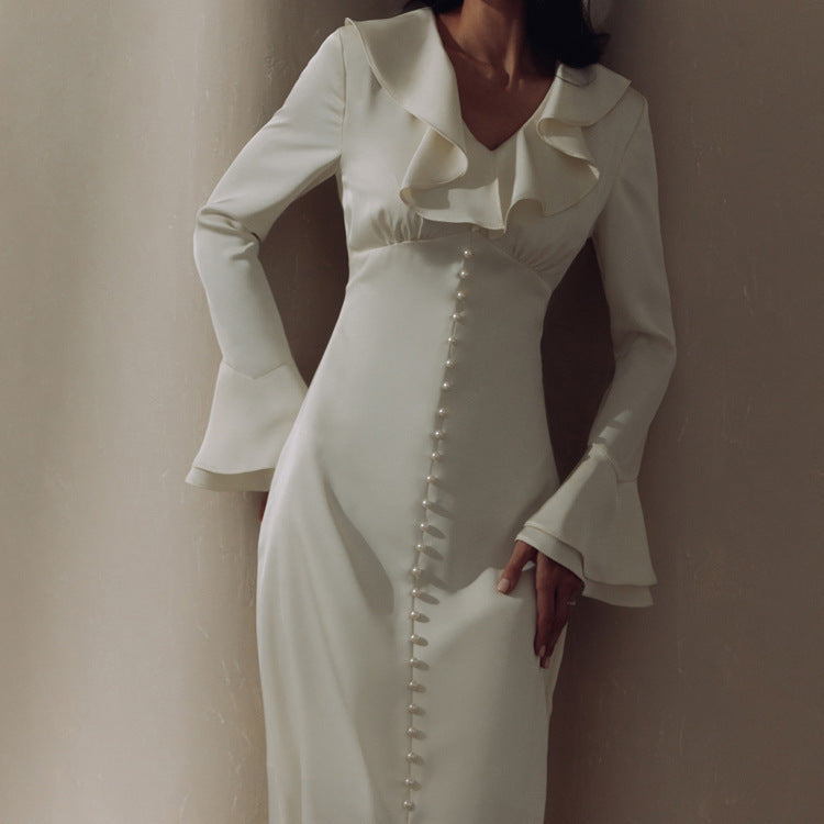 Elegant Intellectual Flounce Stitching Pearl Modified Flared Sleeve Tight Dress