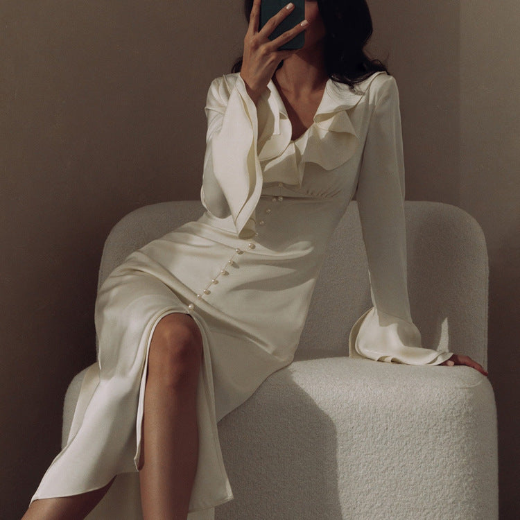 Elegant Intellectual Flounce Stitching Pearl Modified Flared Sleeve Tight Dress