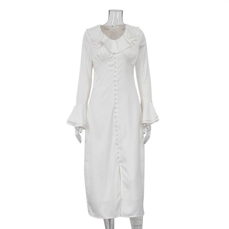 Elegant Intellectual Flounce Stitching Pearl Modified Flared Sleeve Tight Dress